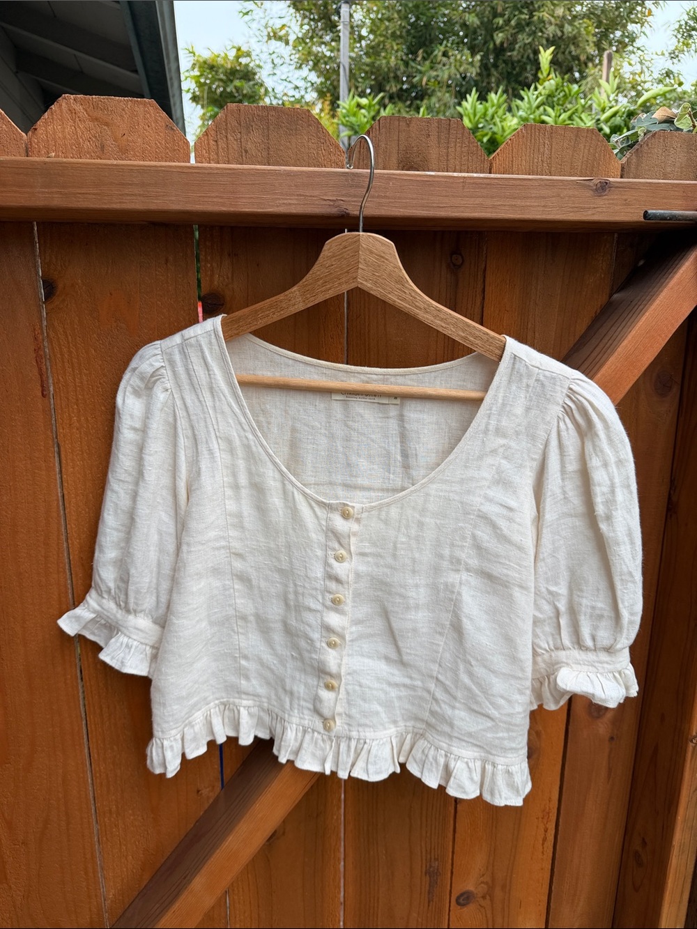 Christy Dawn 100% linen Lightweight Cream Ruffle Button-Front Women’s Top